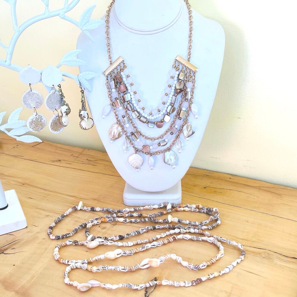 Boho Coastal Layered Shell Statement Necklace Earrings Set Lot Bundle Jewelry